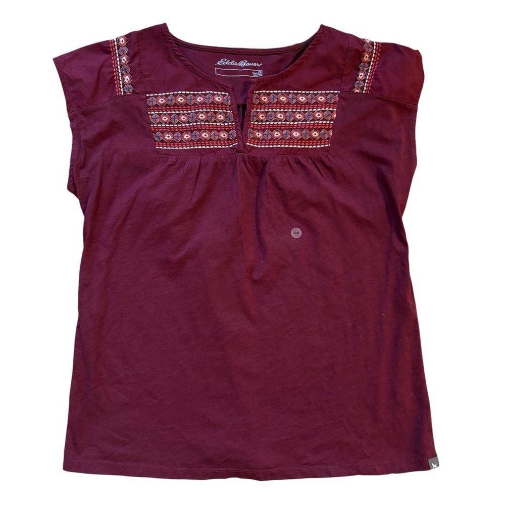 Eddie Bauer Tribal Embroidered Cotton Cap Sleeve T-shirt Boho Maroon Wine XS NEW